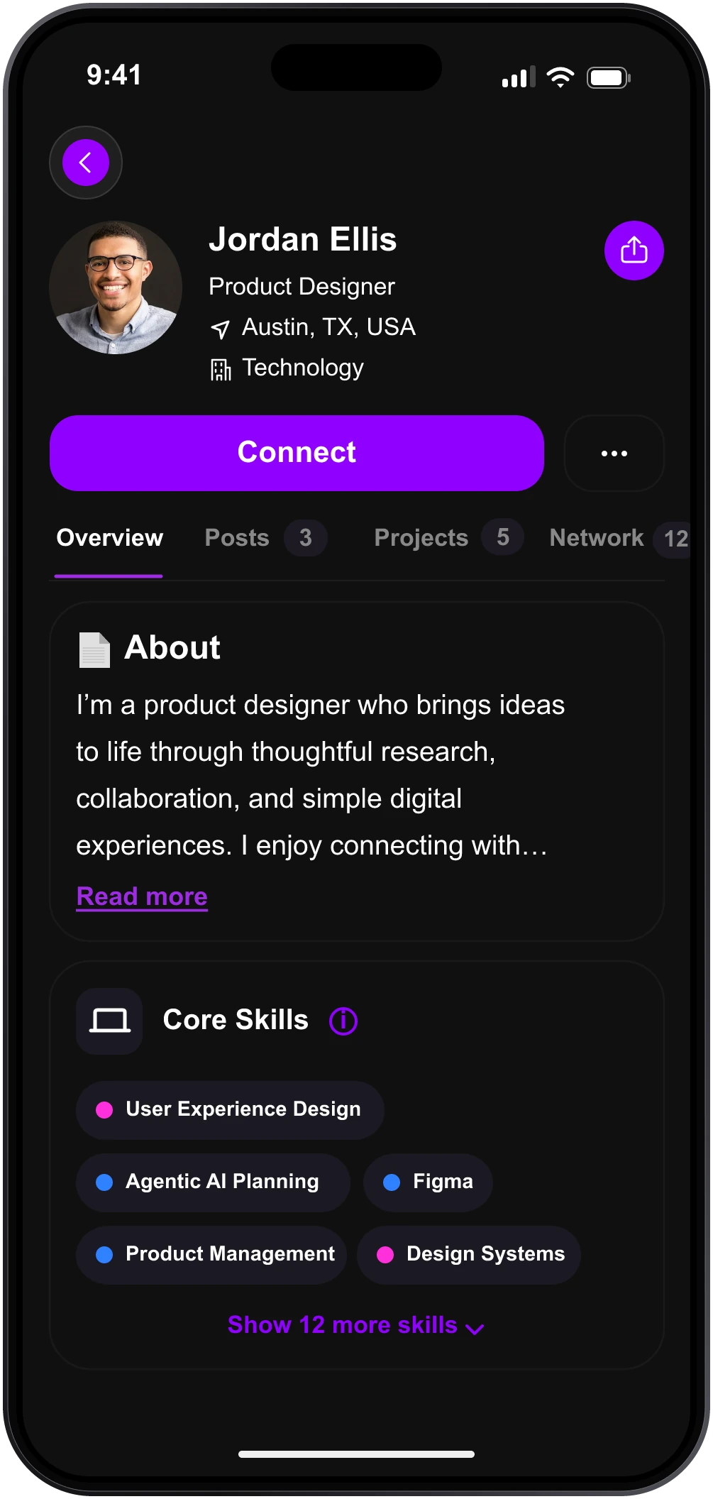 Professional Profiles app screen