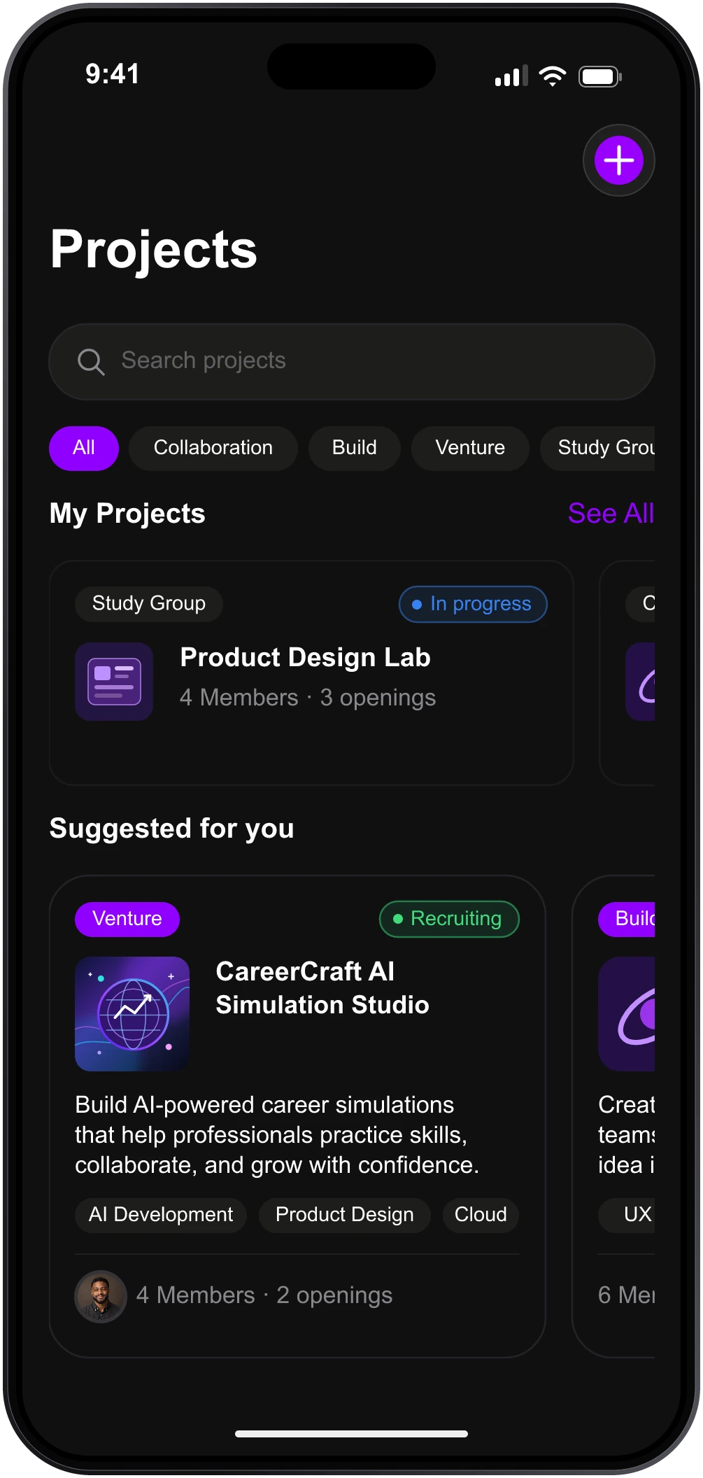 Projects & Collaboration app screen
